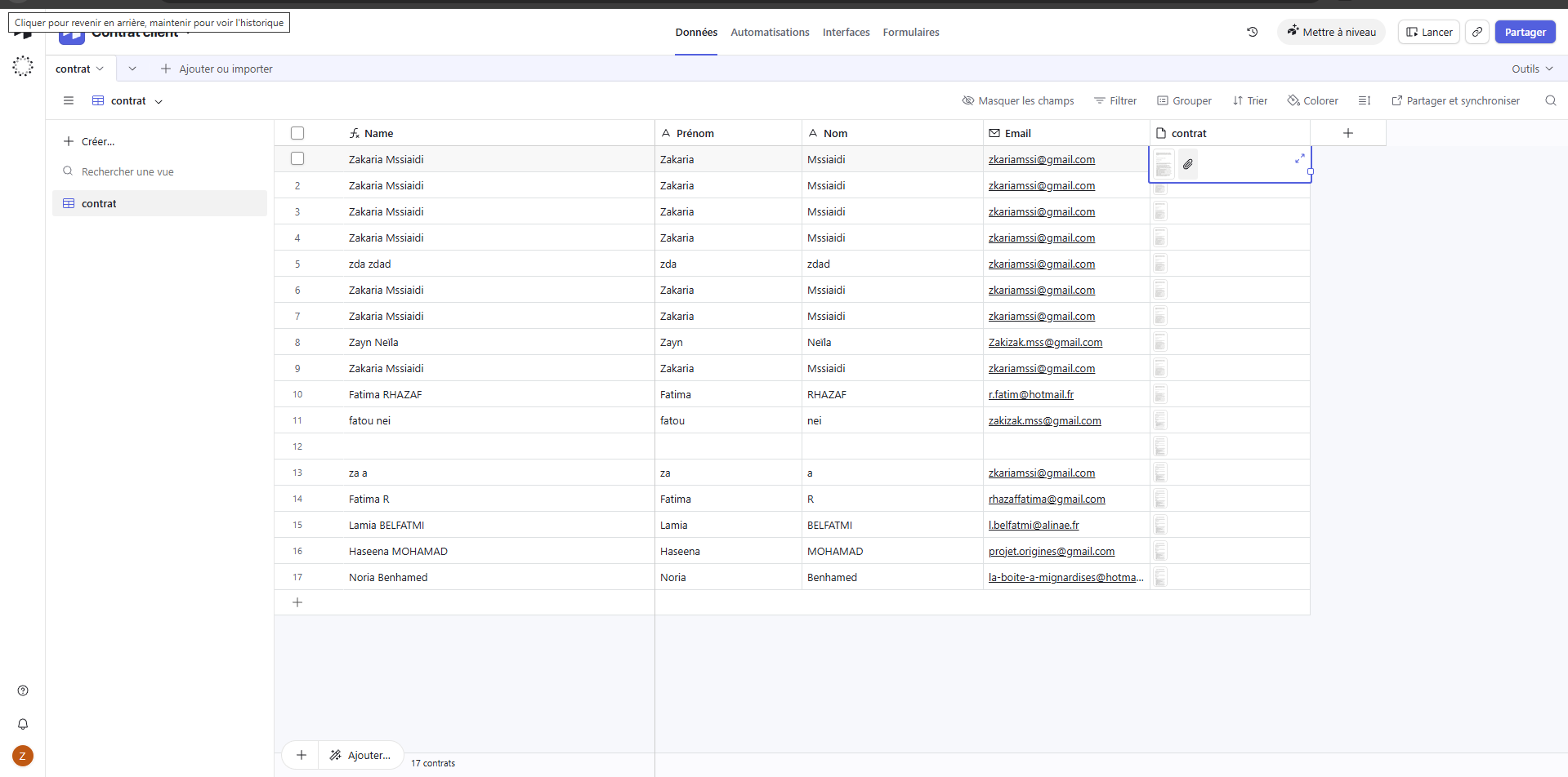 Airtable — Base contrat client