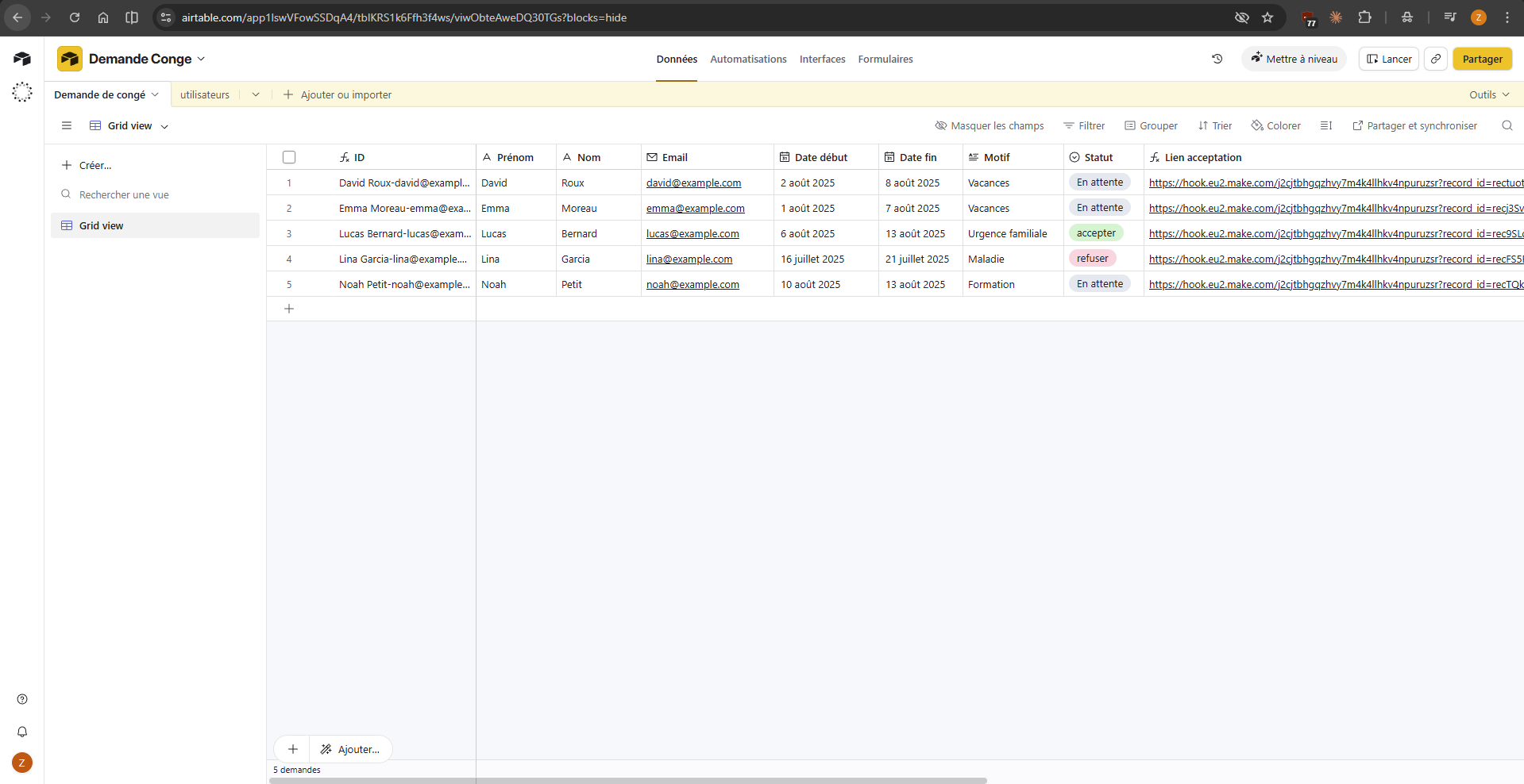 Airtable — Base demande congé
